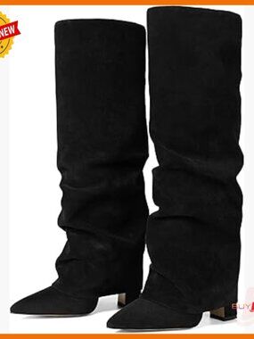 Knee High Boots Wide Calf Chunky Heel Pointed Toe Fold Over Pull On